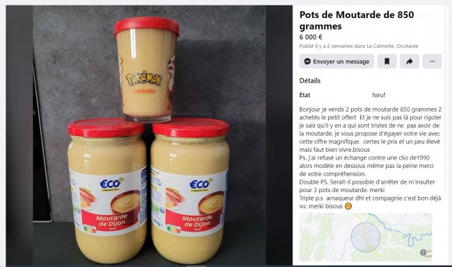 Moutarde : 6000 euros les 2 pots avec le petit pot gratuit