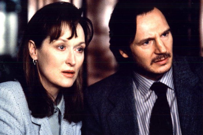 L'actrice Meryl Streep tourne dans le film "Le Poids du déshonneur" en 1996