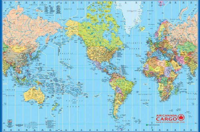 La carte du monde vue depuis les Etats-Unis et le Canada