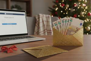 A high-quality, professional photography of a wooden Christmas table. In the foreground, an open fes