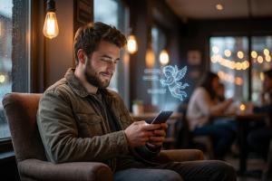 A high-quality cinematic photo of a young man sitting in a dimly lit, cozy cafe, looking at his smar