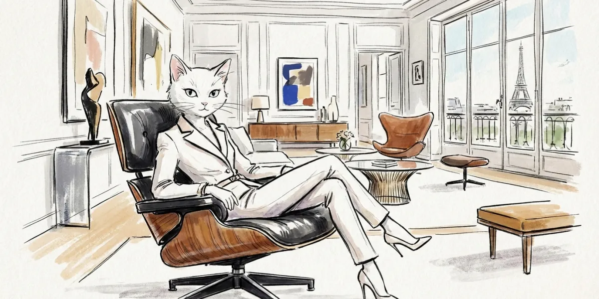 dans un style dessin de mode, une chatte blanche assise dans un fauteuil design dans un intérieur ch