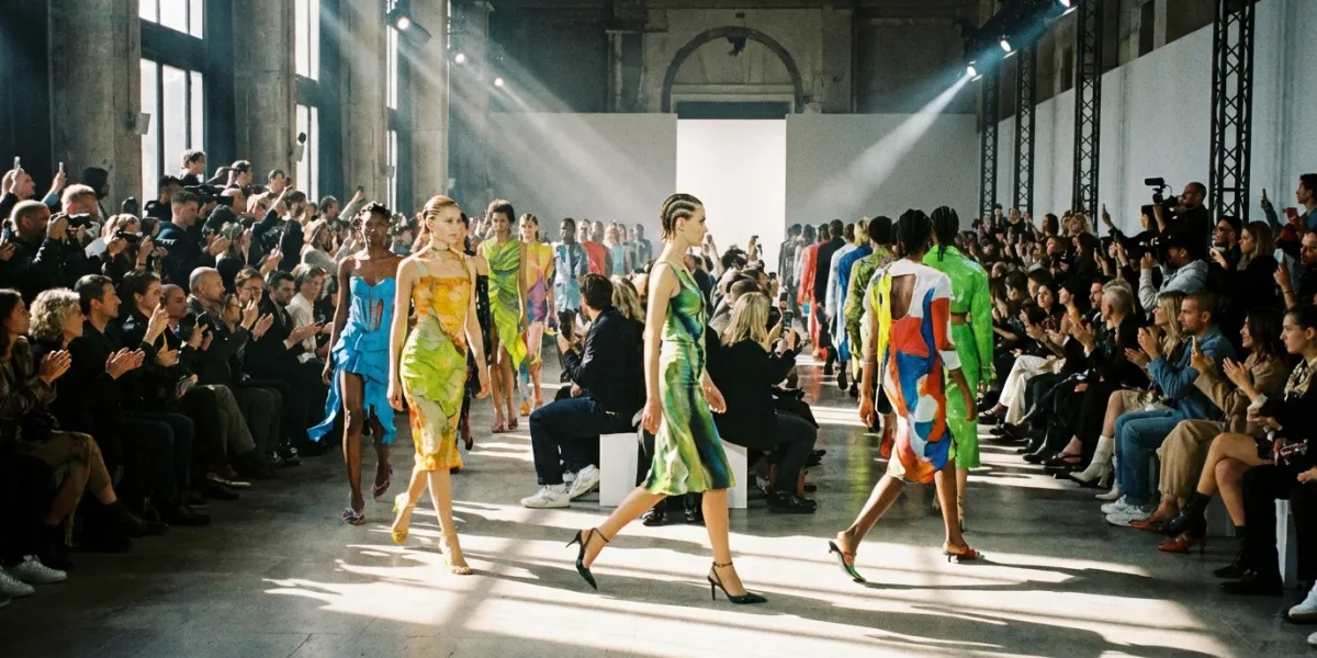 photo représentant un défilé de mode avec des manequins qui marchent en catwalk