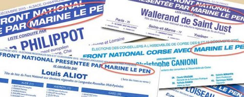 Le nom de Marine Le Pen sur les bulletins des têtes de liste FN
