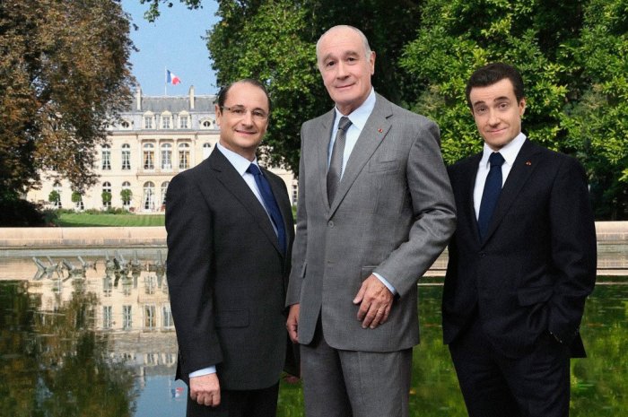Patrick Braoudé en François Hollande, Bernard Le Coq en Jacques Chirac, Thierry Frémont en Nicolas Sarkozy, en 2013 dans "La Dernière Campagne"