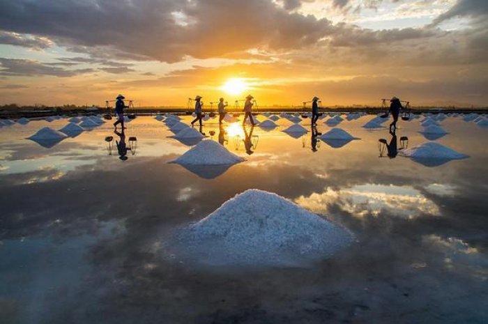 Des hommes récoltant du sel au coucher du soleil, Hanoi, Vietnam