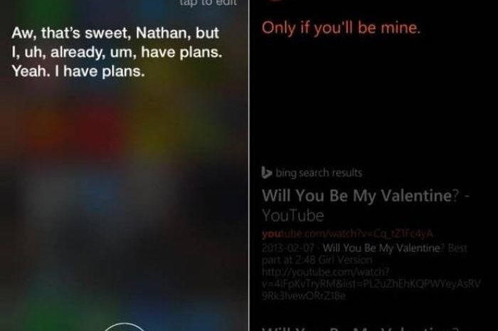 "- Siri, seras-tu être ma Valentine ? - Oh, c'est gentil, Nathan, mais j'ai, euh, déjà, hmm, des plans. Oui. J'ai des plans."