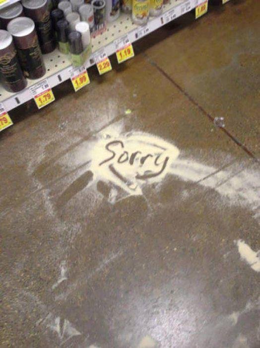 La personne aurait mieux fait de ramasser le sel renversé au lieu d'écrire un message d'excuse...