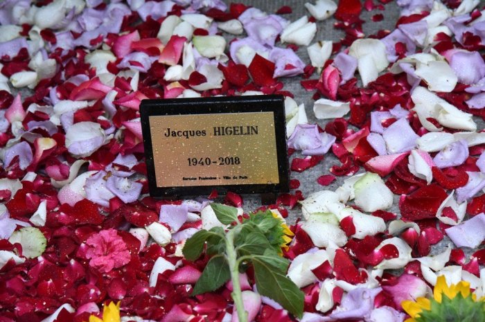 La plaque funéraire de Jacques Higelin au milieu des pétales de rose
