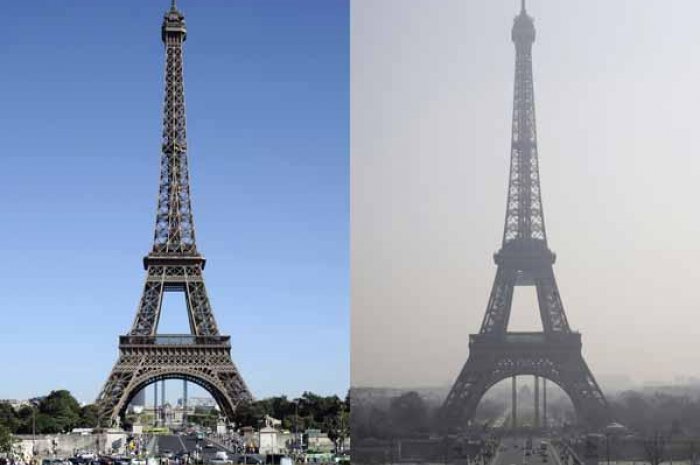 La tour Eiffel, Ã  gauche, en Ã©tÃ© 2012 devant un ciel non polluÃ©, et Ã  droite sur une photo prise le 14 mars dernier