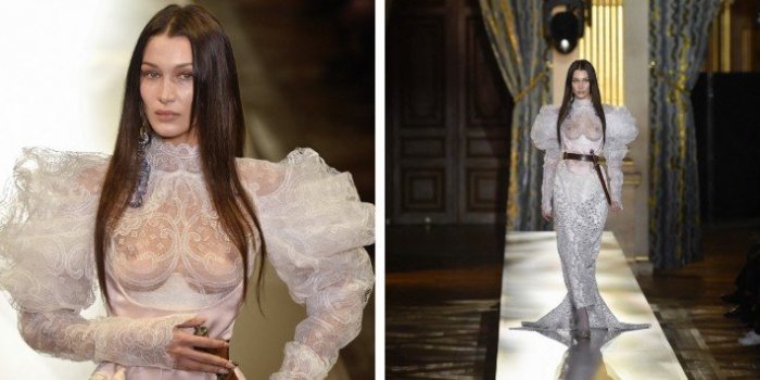 Photos : Bella Hadid d&eacute;file seins nus en mari&eacute;e sexy &agrave; la Fashion Week de Paris