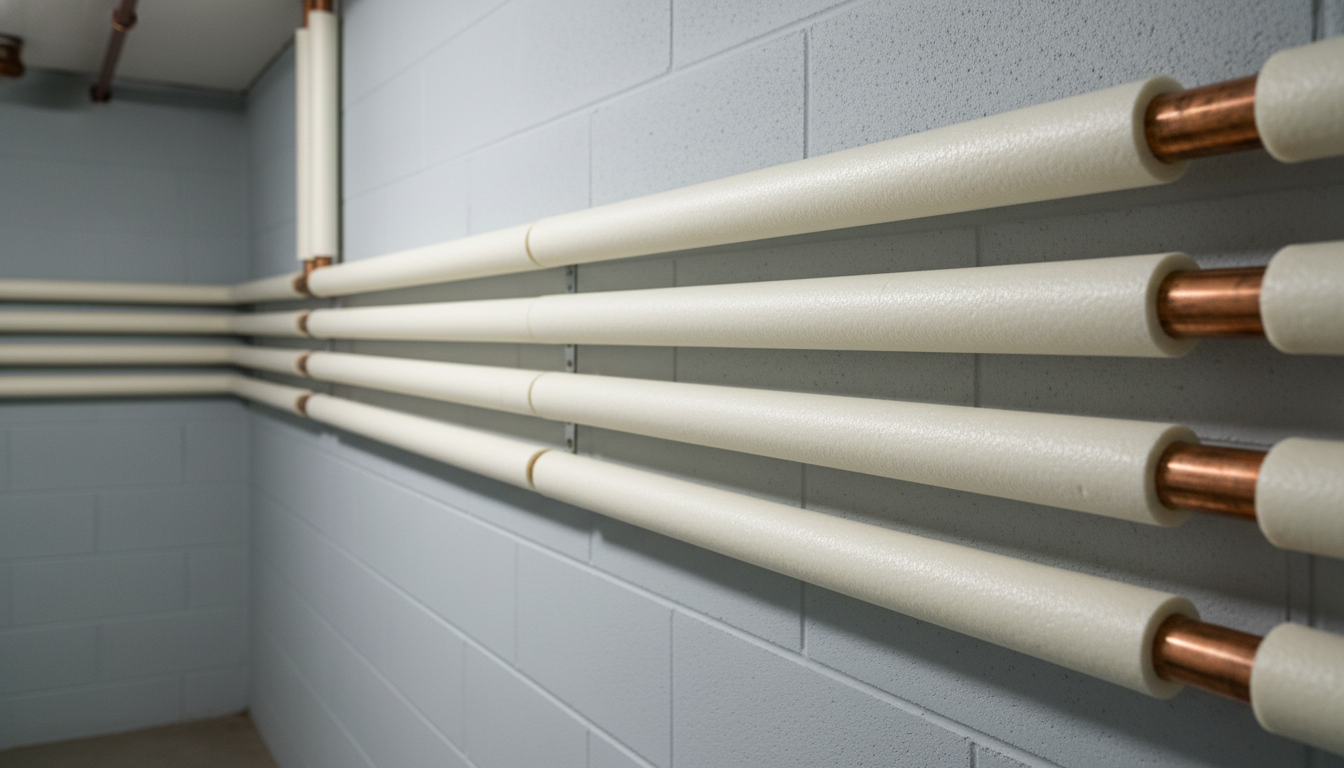 Plan large dans un sous-sol ou une cave propre et bien éclairée, montrant une série de tuyaux de cha