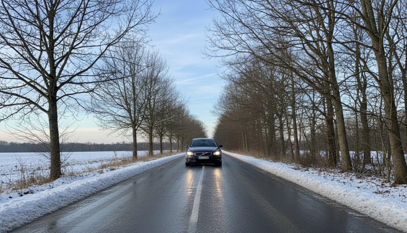 Plan large montrant une voiture sombre roulant avec extrême prudence sur une route départementale ca