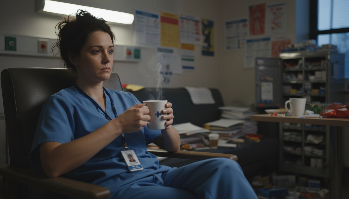 une infirmière en salle de repos. Elle tient un café et elle a l'air épuisée

Modifications: en arri