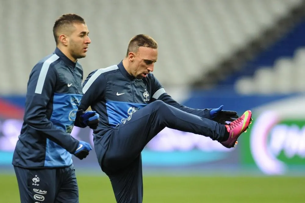 france's karim benzema (l) and franck ribery takes part in french national soccer team practice at the stade de france in paris, france on february 5, 2013 german will play france on february 6, 2013 photo by andreas gebert dpa abacapresscom