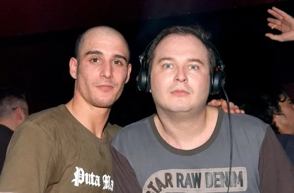 french tv presenter sebastien cauet (r) poses with co-presenter miko during a special show of 'la methode cauet' at the louise gallery event hall in brussels, belgium, on february 20, 2005 photo by avpress abaca