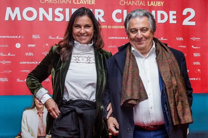 christian clavier and wife isabelle dearaujo attending the movie premiere of 'monsieur claude 2' at the kino international in berlin, germany on april 2, 2019 photo by defrance splash news abacapresscom , 677340 003 berlin allemagne germany
