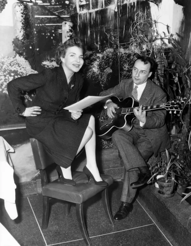 french actress and singer line renaud, left, with her husband, jazz musician and songwriter louis 'loulou' gaste, on an american tour, march 1955 photo by everett abacapresscom