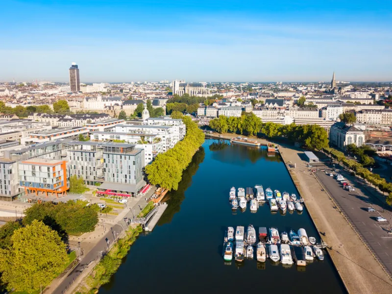 boats and yachts on the erdre river dock in nantes city, france
