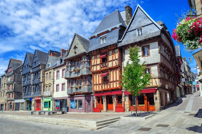 colorful medieval houses in the historical city center of lannion, brittany, france