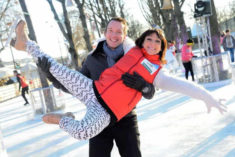 stephane rotenberg and sarah abitbol attending fitness on ice by skate up held at the temporary ice rink at champs elysees in paris, france on december 29, 2014 photo nicolas briquet abacapresscom , 481523 001 paris france