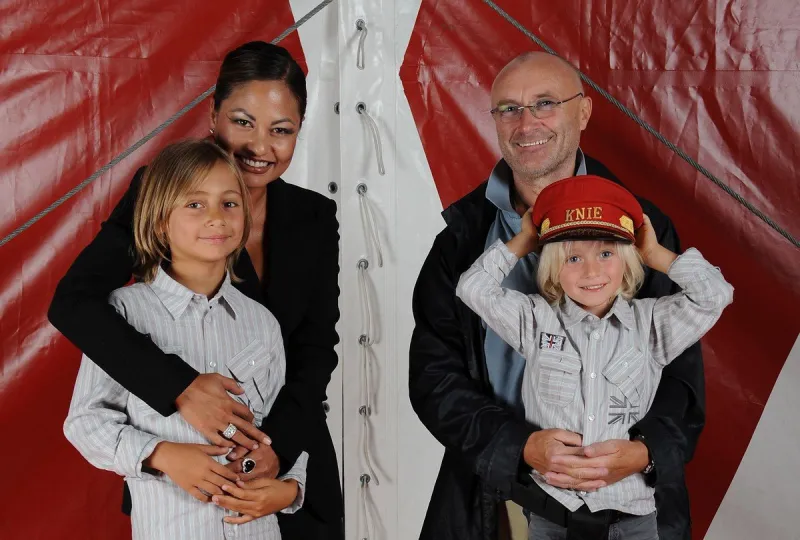 singer phil collins pose with his wife orianne cevey and his children nicholas and mathieu in geneva, switzerland on august 28, 2009 photo by loona abacapresscom , 202152 006 geneve geneva suisse switzerland