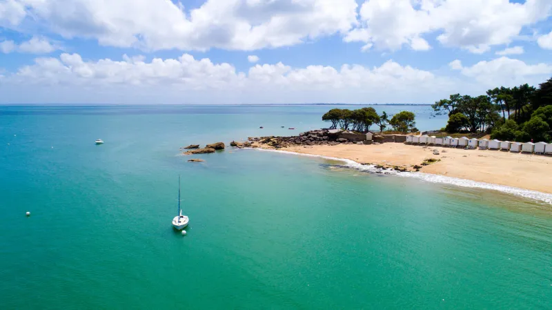 an aerial photo of saint pierre point on la plage des dames, noirmoutier island