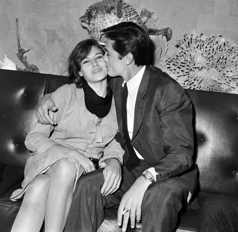 (files) in this file photo taken on august 25, 1967 french actor alain delon kisses his wife nathalie in paris - nathalie delon has died at the age of 79, announced his son on january 21, 2021 (photo by -   afp)