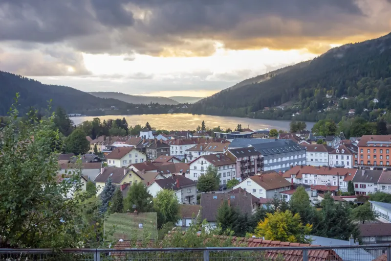 aerial view of gerardmer, a commune in the vosges department in grand est in northeastern france