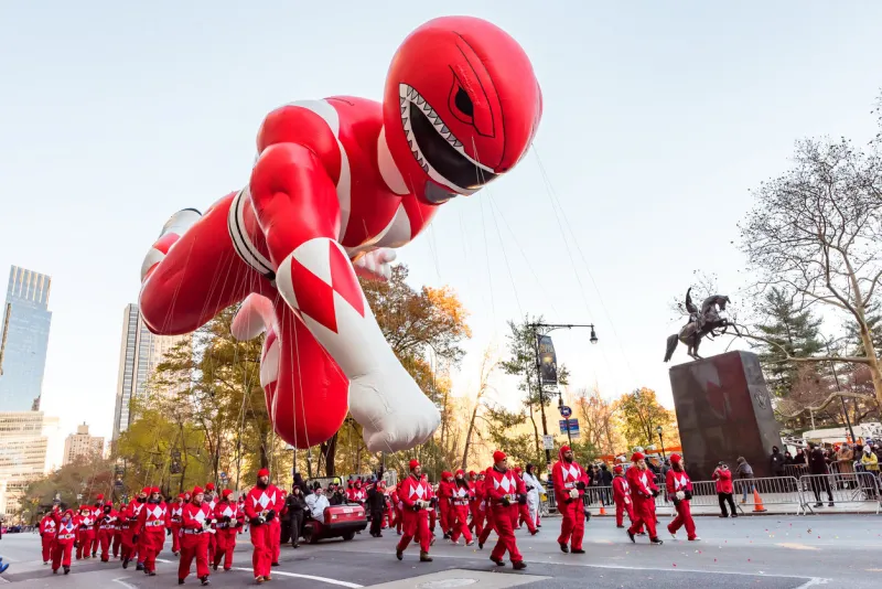 new york city, ny, usa - november 22, 2018  the red mighty morphin power ranger attracted hundreds of thousands of spectators at the 92th annual macy's thanksgiving day parade