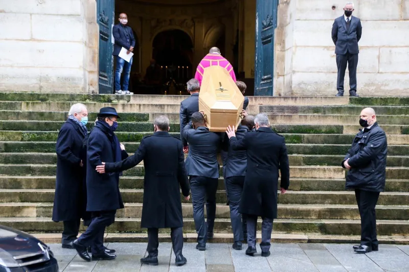 alexandre brasseur and michèle cambon-brasseur at french actor claude brasseur's funeral service on december 29, 2020 at eglise saint roch in paris, france photo by nasser berzane abacapresscom , 751561 037 paris france