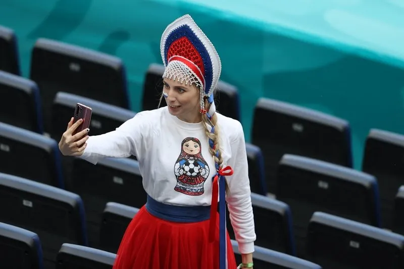 a russia fan attends the uefa euro 2020 group b football match between finland and russia at the saint petersburg stadium in saint petersburg on june 16, 2021 (photo by anton vaganov   pool   afp)