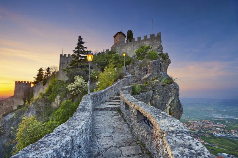 san marino, san marino - april 30, 2015  view of la rocca o guaita and the country of san marino on april 30th during sunset