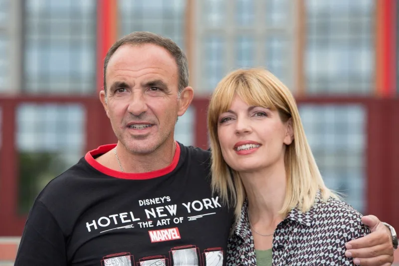 nikos aliagas and his wife tina grigoriou attends the disney's hotel new york - the art of marvel week end experience on june 27, 2021 in paris, france photo by nasser berzane abacapresscom , 770442 094 paris france