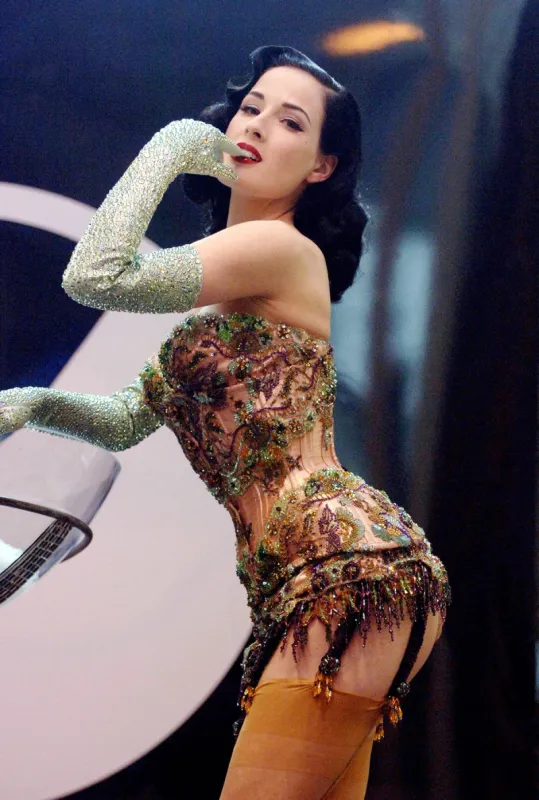 the queen of burlesque dita von teese performs at the harvey nichols leeds 10th anniversary party in leeds, uk, on october 17, 2006 photo by collette parker lfi abacapresscom