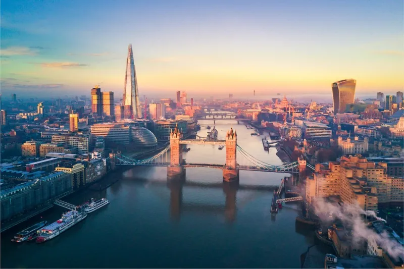aerial view of london and the tower bridge, england, united kingdom