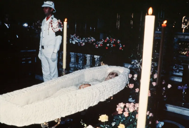 the body of grace of monaco lays in her coffin during her funeral on september 18, 1982 in monaco's cathedral princess grace of monaco died in a car crash near monte carlo on september 14, 1982 (photo by -   afp)