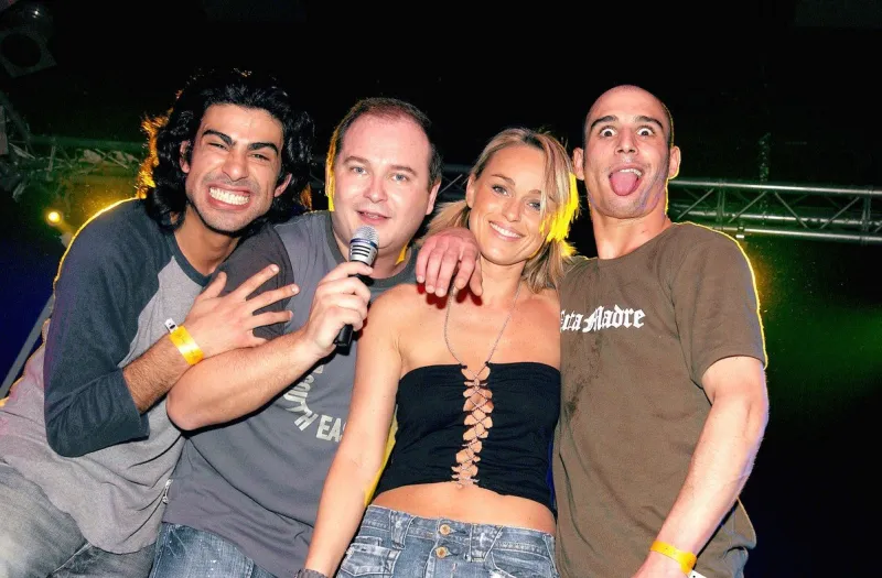 french tv presenter sebastien cauet (2nd l) and his team of the tv talk show 'la methode cauet', (l-r) cartman, cecile de menibus and miko participate in a special show at the louise gallery event hall in brussels, belgium, on february 20, 2005 photo by