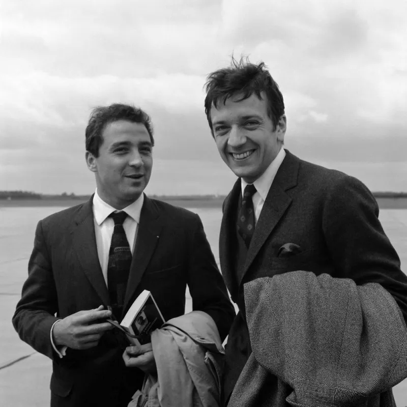 a picture dated march 1963, taken in france, shows french actors jean-pierre cassel (r) and claude brasseur the two acted together in the 1962 film le caporal épinglé directed by french director jean renoir (photo by staff   upi   afp)