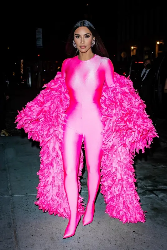 kim kardashian stuns in a hot pink feathered catsuit as she celebrates her first hosting gig on snl at zero bond, new york city, ny, usa on october 9, 2021 photo by thehapablonde splash news abacapresscom