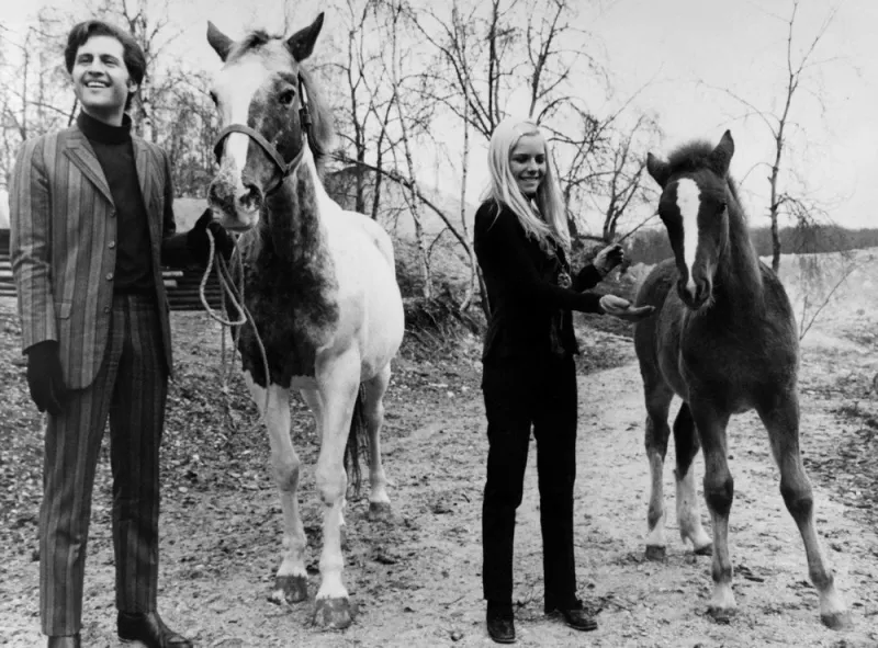 a photo taken on april 18, 1968 shows french singers joe dassin (l) and france gall with horses afp photo (photo by afp)