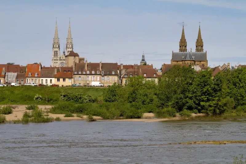 view on vichy from the allier river, france