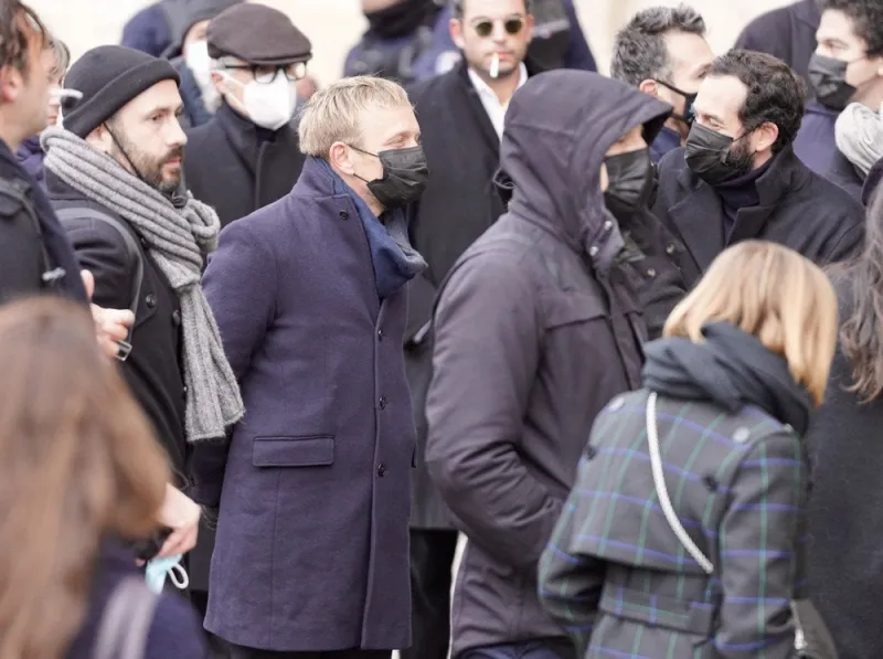 actor jeremie renier arrives at the saint-eustache church in paris, france on january 27, 2022 to attend the funeral service for french actor gaspard ulliel after he died at 37 following a skiing accident on january 19, 2022 photo by abacapresscom