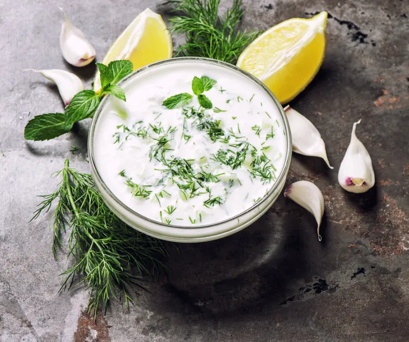 greek tzatziki sauce dill, mint, garlic, lemon healthy nutrition