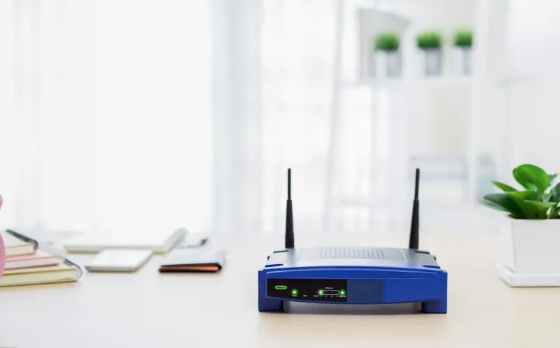 closeup of a wireless router on living room at home