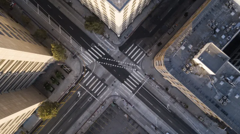 aerial view looking straight down on to los angeles' city streets