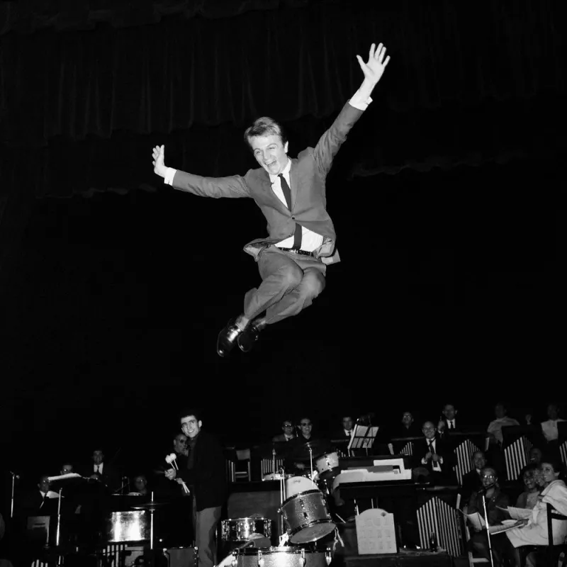 claude francois flies above the stage of the olympia stage during rehearsals before the 1964 concert - the 1970s idol died on march 11, 1978, electrocuted in his bath, at the age of 39, in his paris apartment (nb) afp photo (photo by afp)