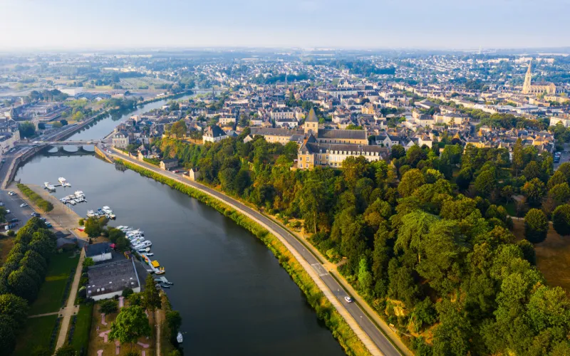 panoramic view from above on the city chateau-gontier and mayenne river france