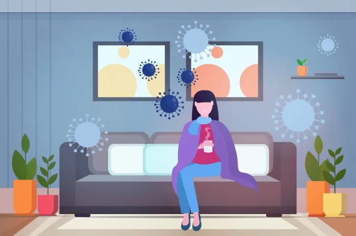 woman feeling sickness epidemic mers-cov bacteria floating influenza virus cells wuhan coronavirus quarantine 2019-ncov pandemic medical health risk living room interior full length horizontal vector illustration