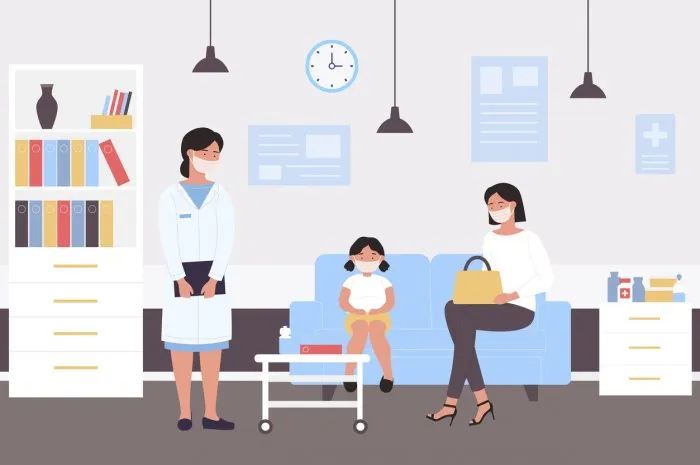 people wait pediatric medical checkup vector illustration cartoon mother with girl kid in face masks sitting on sofa in pediatrician doctor hospital room, waiting doc examining patient background